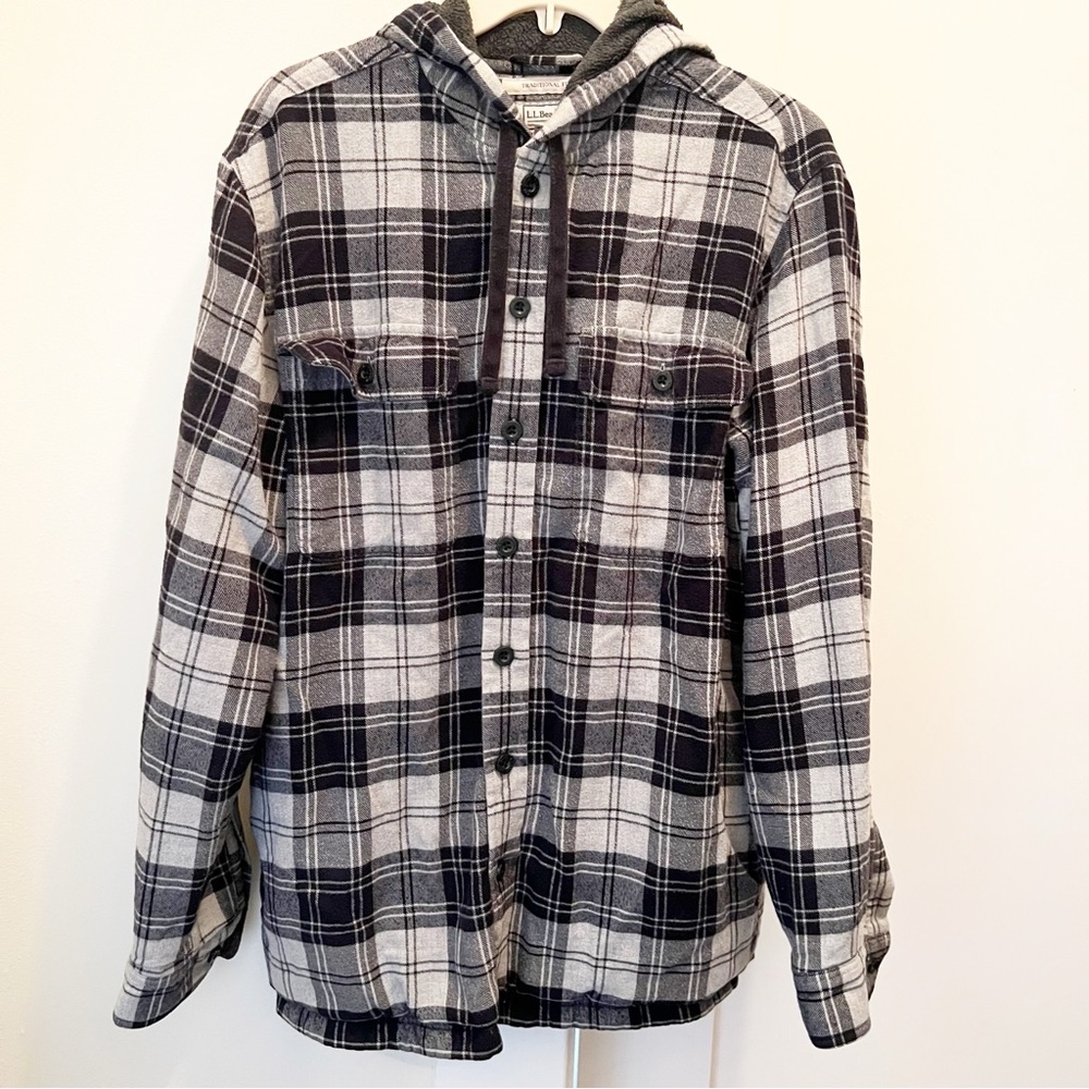 LL Bean Fleece Lined Button Up Flannel Hoodie
